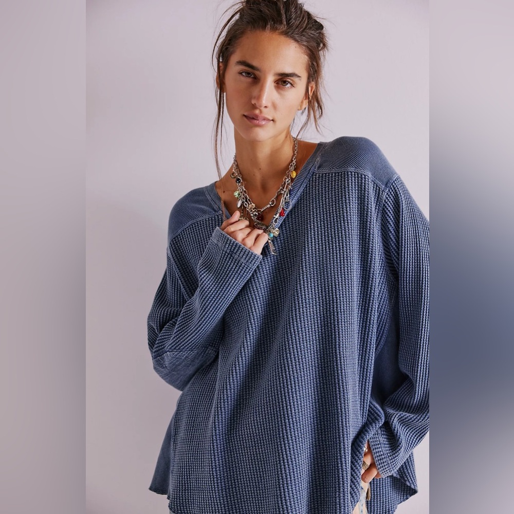 Free People Blue Waffle Knit Top